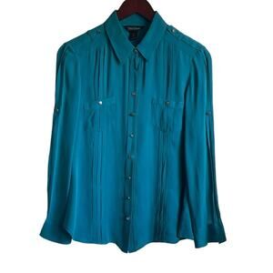 White House Black Market Women Silk Top 8 Teal Pleated Career‎ Quiet Luxury